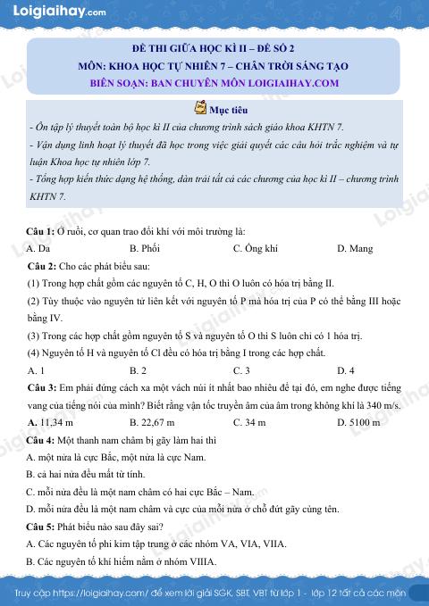 Đề thi giữa kì 2 KHTN 7 Chân trời sáng tạo - Đề số 2